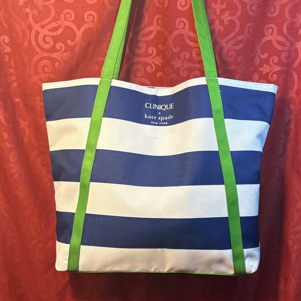 Kate Spade Blue and White Striped Tote with Green Accents